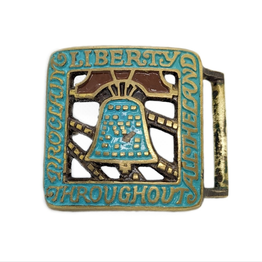 Vintage Phila House Stamped Liberty Bell Brass And Enamel Belt Buckle